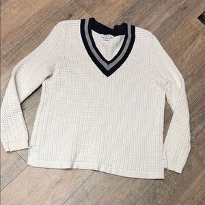 Liz Claiborne White Cotton V-Neck Sweater with Navy & Gray Stripe